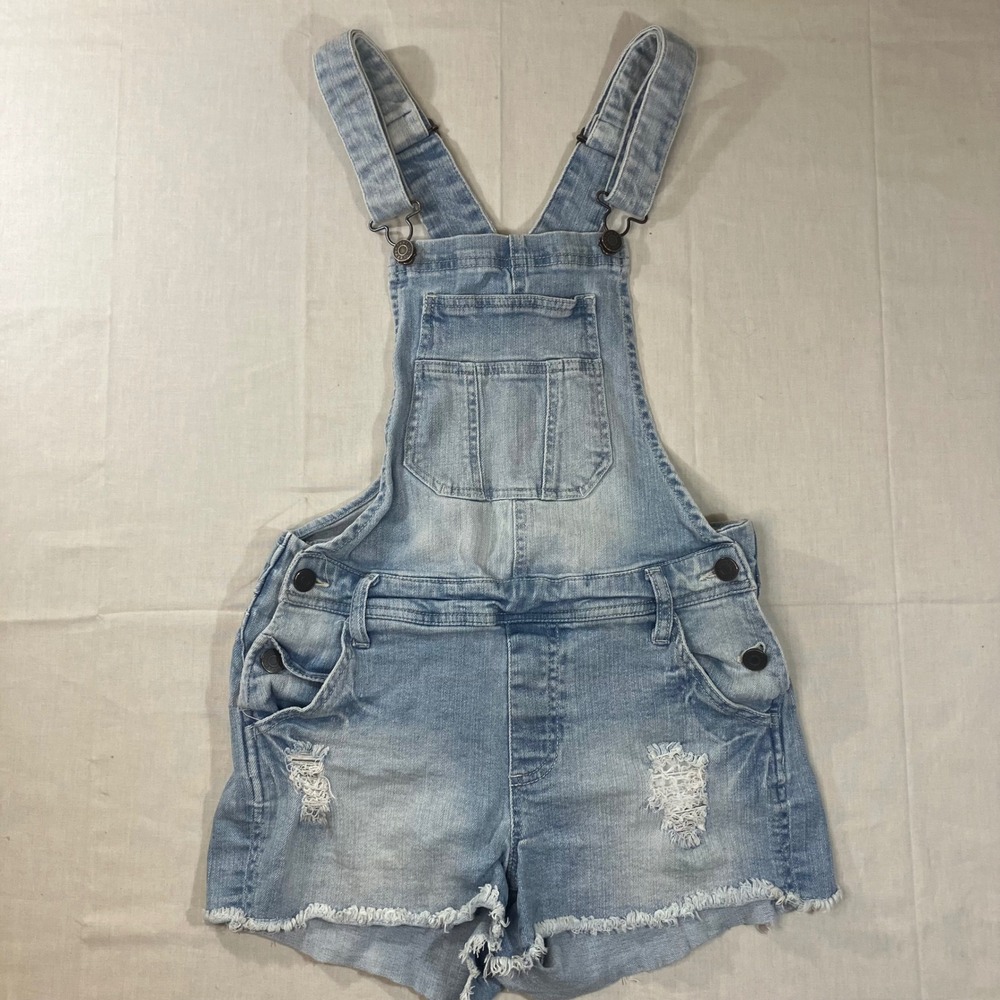 Refuge Womens Small Light Wash Distressed Denim Shortall Overalls Frayed Hem